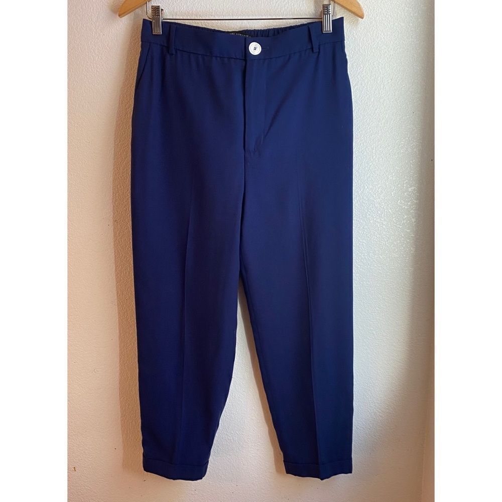 Zara | High Rise Tapered Navy Trousers, Size 2